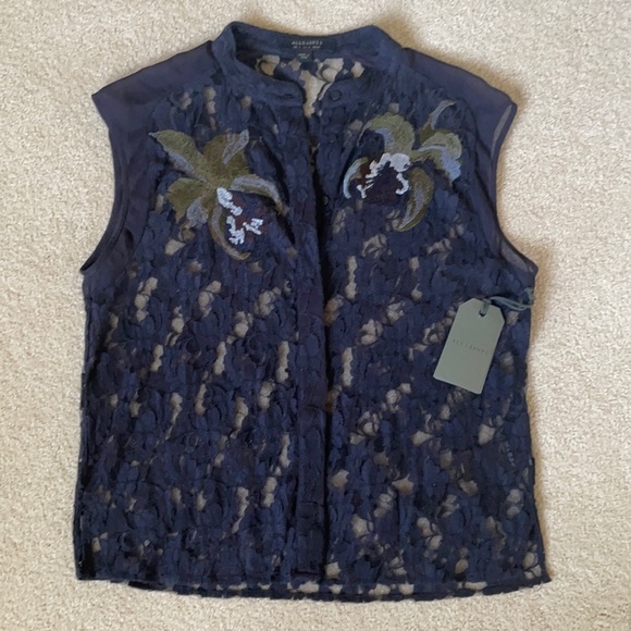 NWT All Saints Anya navy lace embroidered top 4 - Picture 1 of 13
